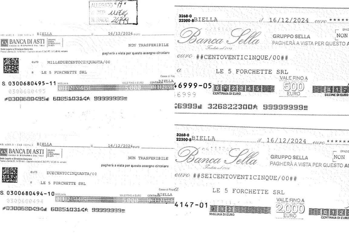 Gli assegni circolari depositati per l’apertura del ristorante con Andrea Delmastro