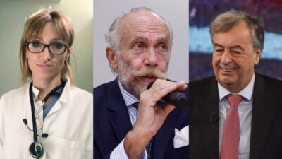 Collage con i volti di Roberto Burioni, Barbara Balanzoni e Andrea Stramezzi per il caso del recupero lampo del dottore milanese