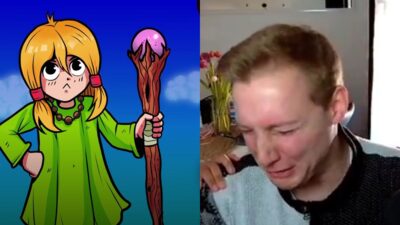 Sviluppatore Cakez77 in lacrime durante diretta streaming con personaggio di Tangy TD.