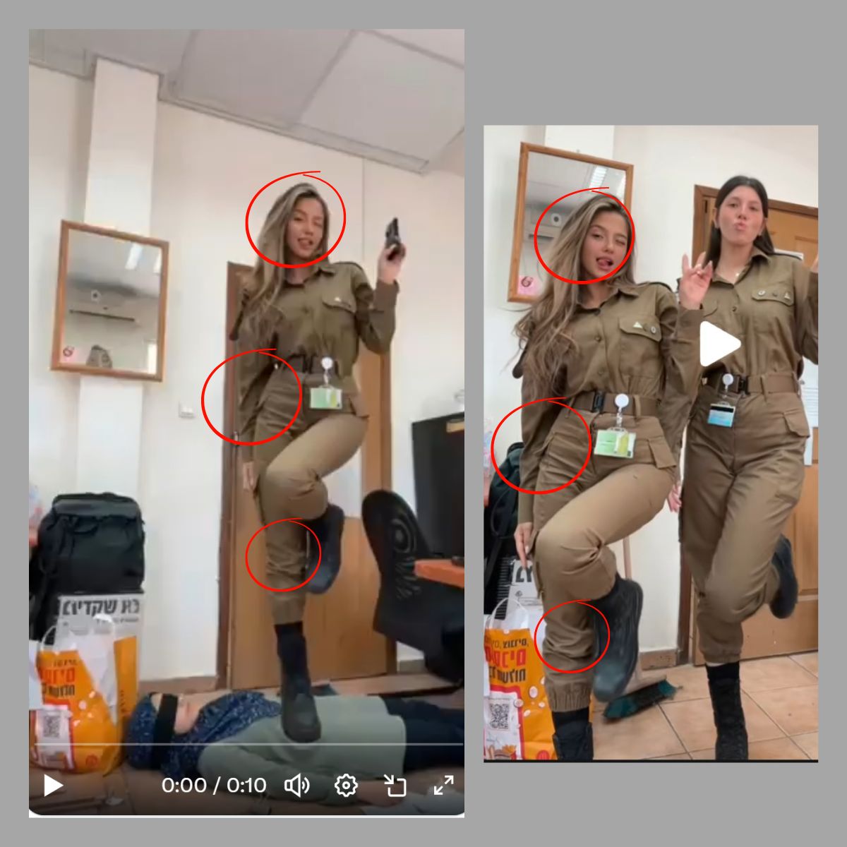 Confronto tra video originale TikTok e falso generato da IA Gemini soldatessa IDF.