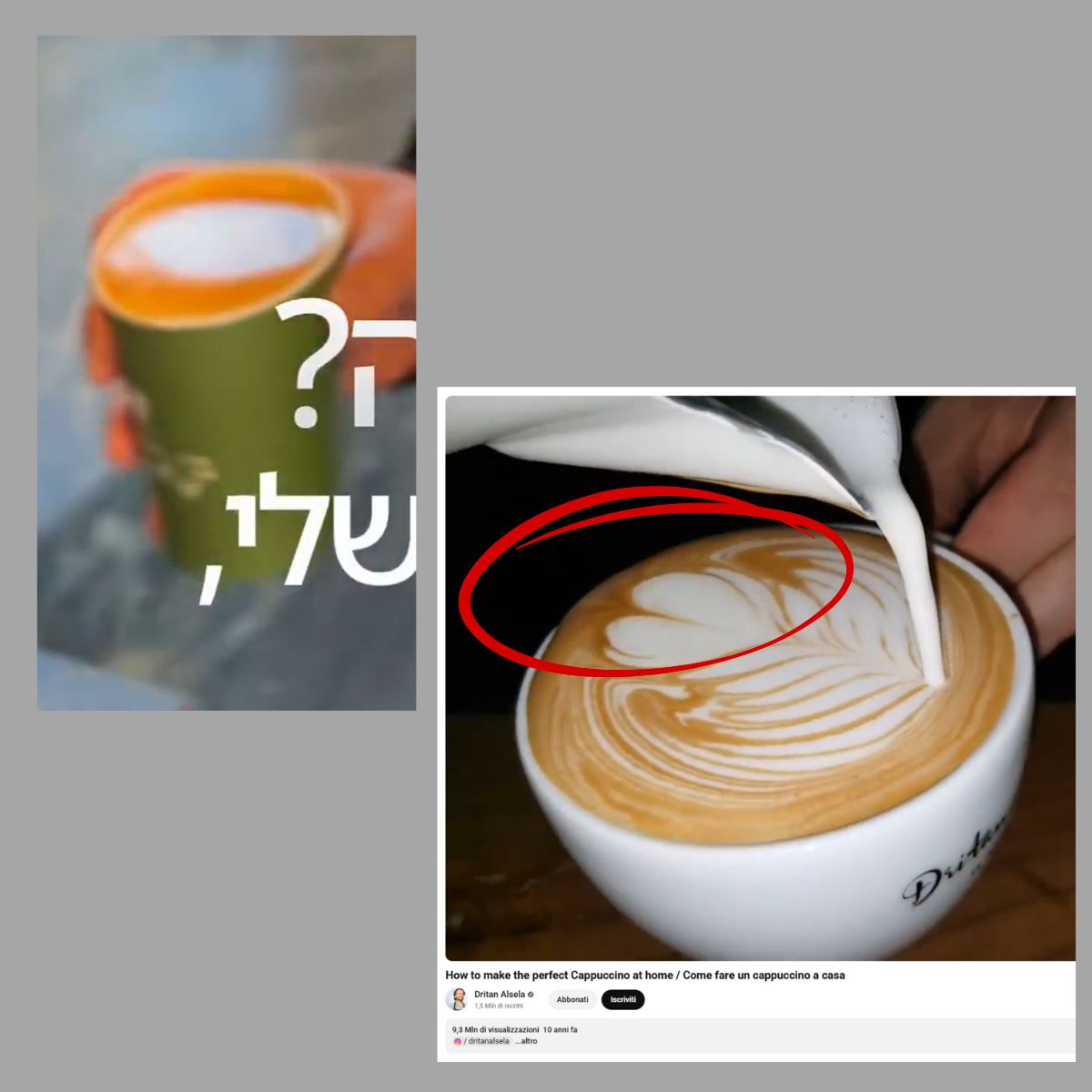 Il confronto del cappuccino nella mano di Netanyahu e quello della tazza inclinata ripresa nel video del canale Youtube di Dritan Alsela.