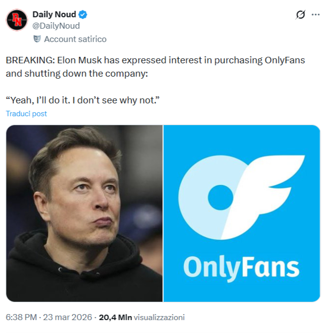 Post dell'account satirico DailyNoud su Elon Musk e OnlyFans.