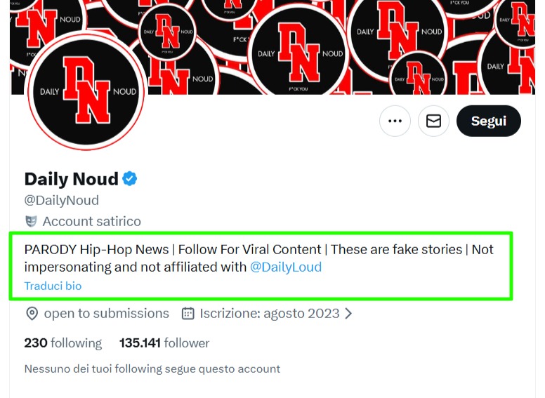 Screenshot dell'account X DailyNoud con la biografia: "PARODY"
