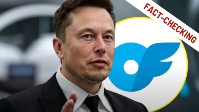 Foto di Elon Musk e il logo di Onlyfans. Scritta fact-checking