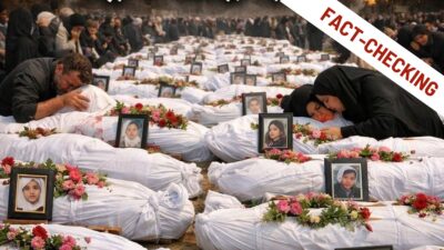 Immagine generata dall'Intelligenza Artificiale che raffigura il presunto funerale delle bambine nella scuola di Minab (Iran), con in sovrimpressione la dicitura "FACT-CHECKING" in un rettangolo rosso e bianco in alto a destra.
