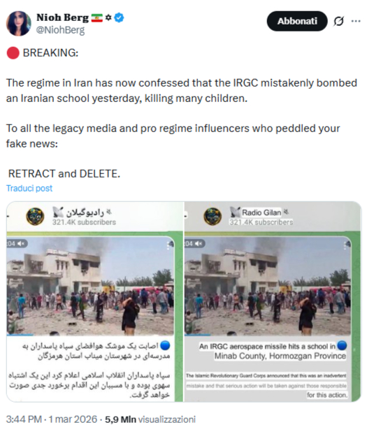 Screenshot post virale X account NiohBerg falsa notizia ammissione regime Iran bombardamento scuola Minab