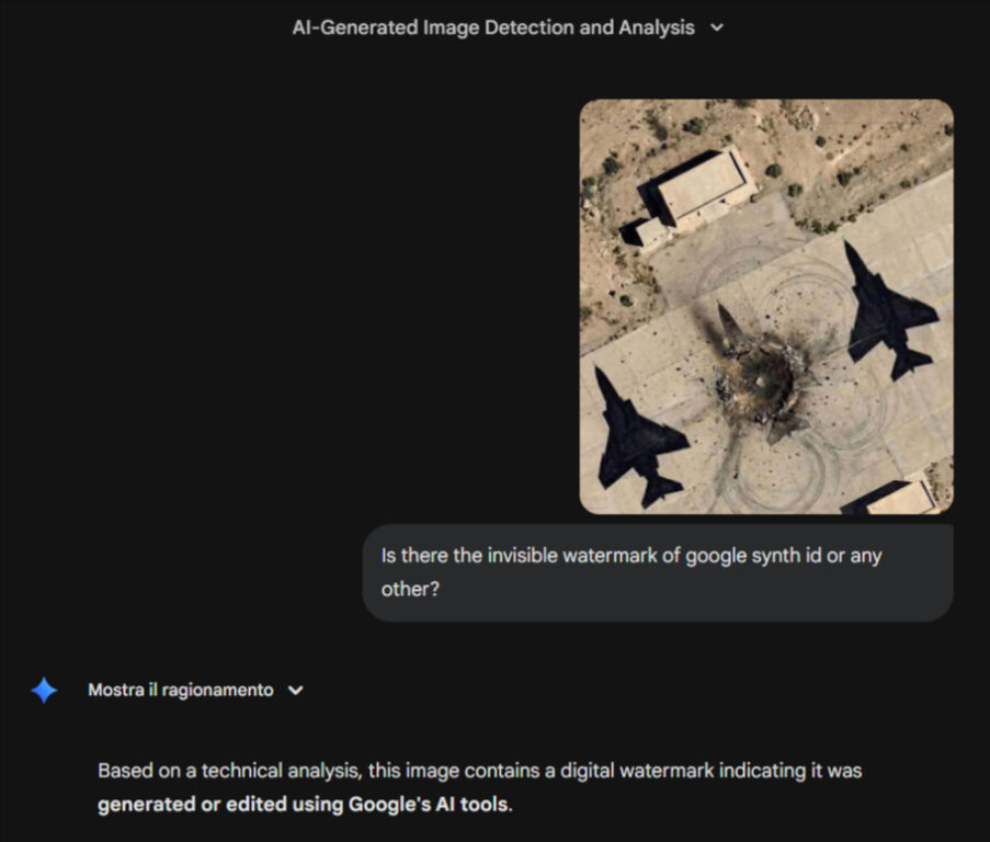 Analisi SynthID Google immagini aerei Iran generazione AI
