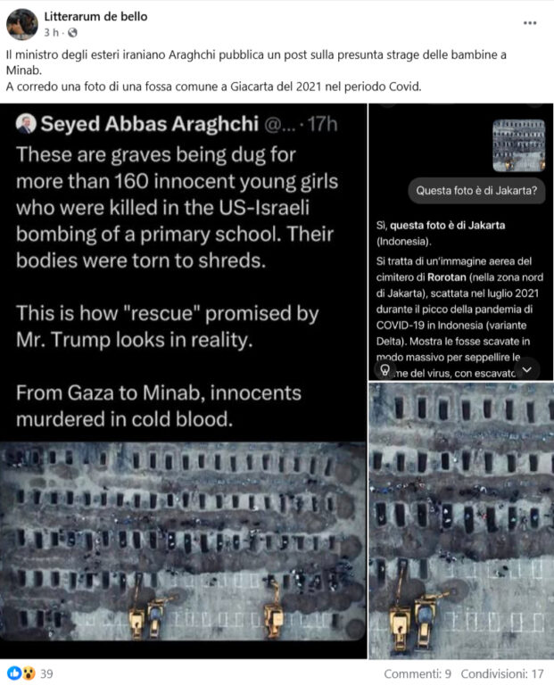 Post Facebook che usa Intelligenza Artificiale per sostenere il falso su Minab e Jakarta