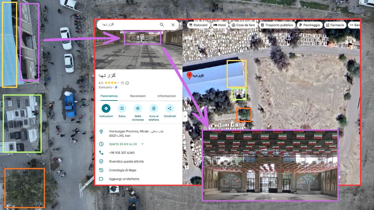 Geolocalizzazione OSINT Google Maps cimitero Minab confronto strutture architettoniche