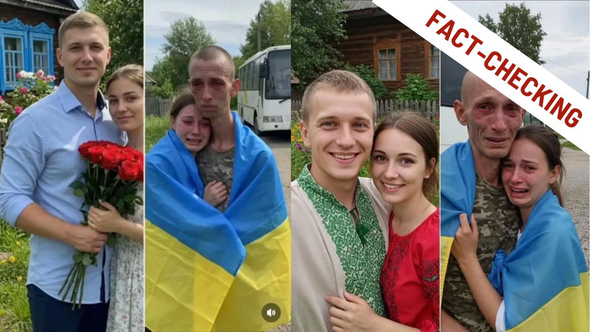 Collage di quattro foto che mette a confronto immagini generate dall'intelligenza artificiale e foto reali di soldati ucraini tornati dalla prigionia, con il bollino "Fact-Checking" in evidenza.