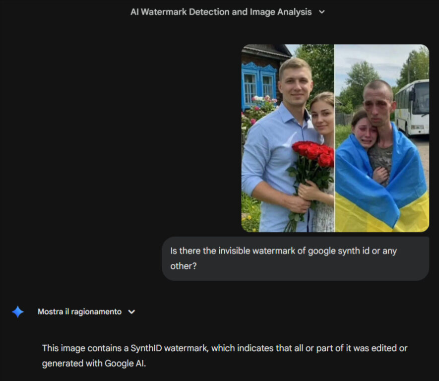 Analisi forense digitale della prima foto che mostra il rilevamento del watermark SynthID, confermando l'origine sintetica dell'immagine.