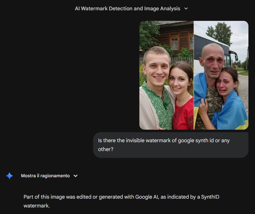 Schermata dei risultati tecnici di SynthID applicati alla seconda immagine del soldato ucraino, con l'indicazione di contenuto generato da IA.