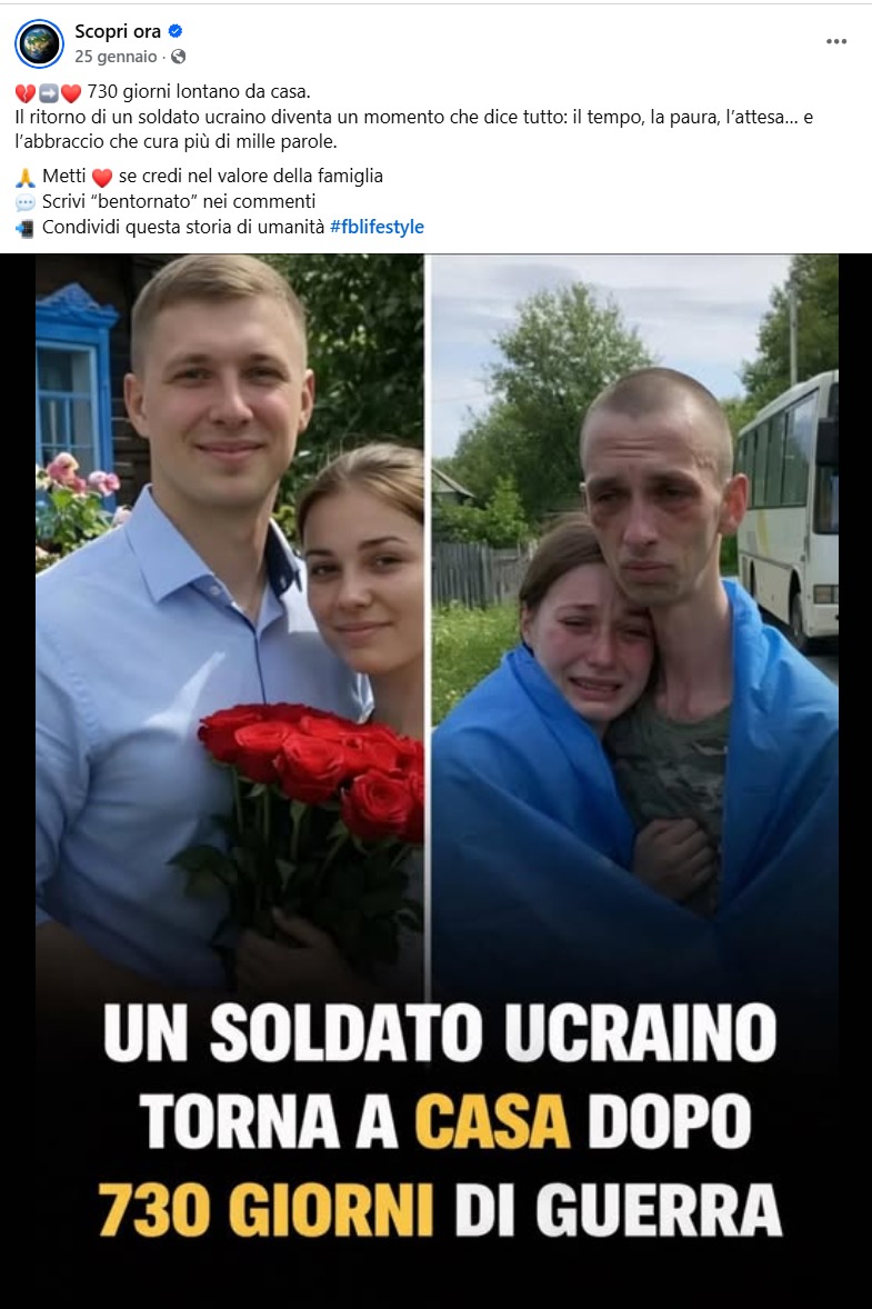 Screenshot di un post Facebook virale con la foto generata dall'IA di un soldato ucraino che abbraccia la compagna e un testo che invita all'engagement emotivo.