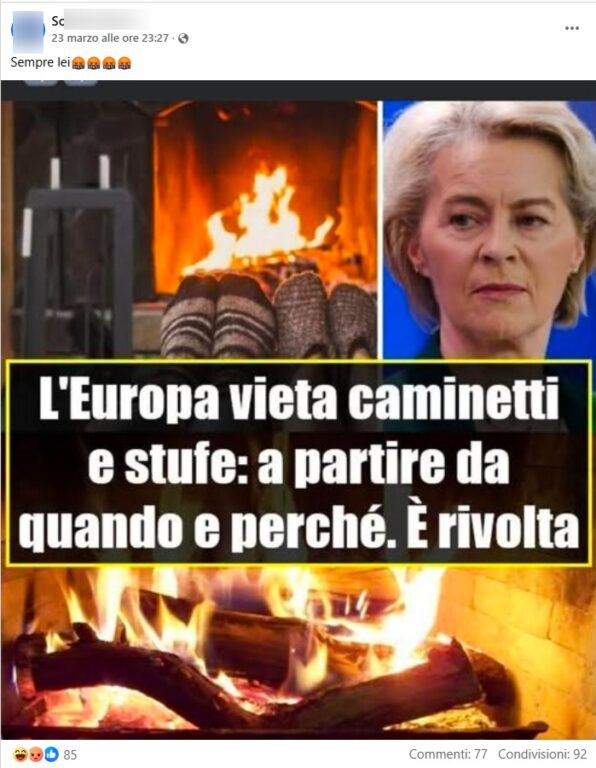 Screenshot di uno de post che condivide l'immagine dal testo fuorviante. Nell'immagine troviamo dei caminetti e la foto di Ursula von der Leyen.