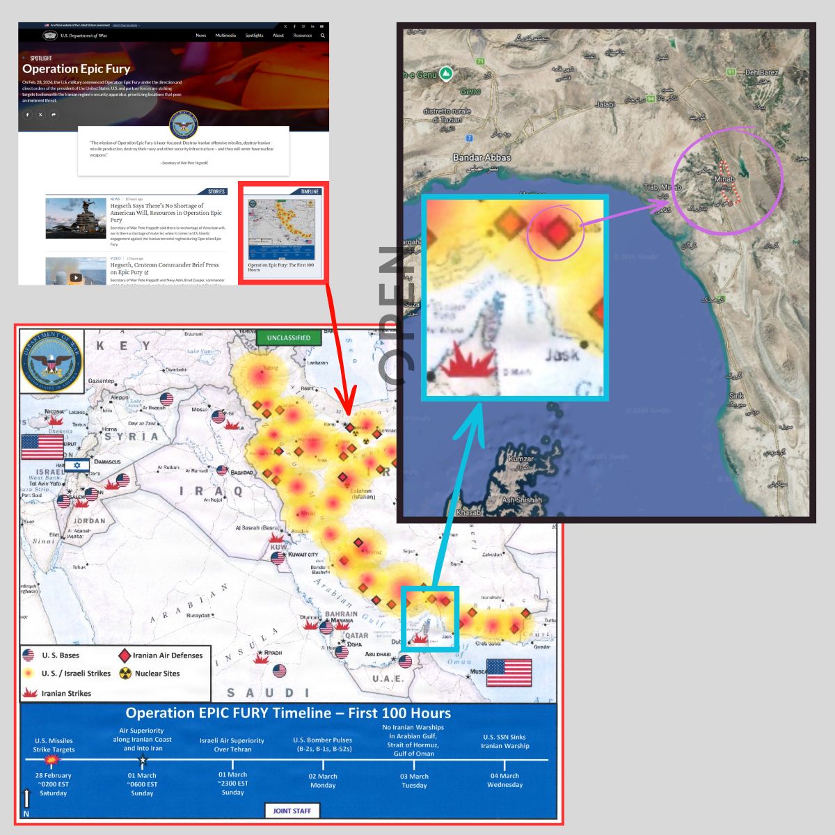 Confronto visivo tra i punti di impatto indicati nella mappa del Pentagono e le coordinate geografiche di Minab su Google Maps che mostrano la coincidenza dei bersagli.