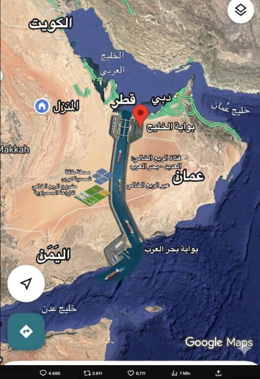 Mappa del progetto del canale artificiale saudita alternativo allo Stretto di Hormuz.
