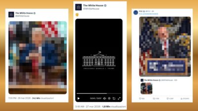 Screenshot dei post social della Casa Bianca e della FCC su X con le immagini pixellate di Donald Trump e un video con l'audio invertito