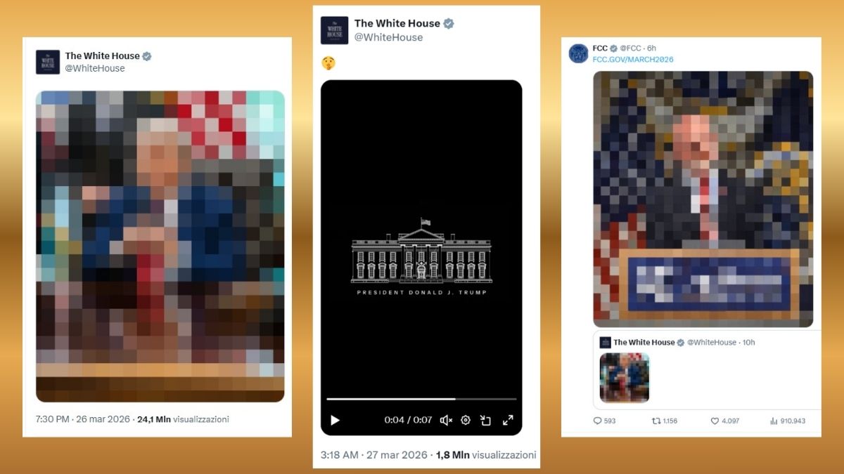 Screenshot dei post social della Casa Bianca e della FCC su X con le immagini pixellate di Donald Trump e un video con l'audio invertito
