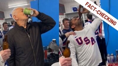 A sinistra la foto falsa di Netanyahu dentro lo spogliatoio della nazionale USA di Hockey. A destra, la foto originale con Kash Patel. Scritta fact-checking in alto a destra.