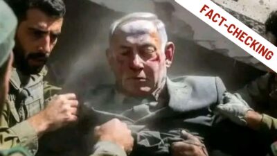 Benjamin Netanyahu tra le macerie immagine fake intelligenza artificiale, con scritta "fact-checking"