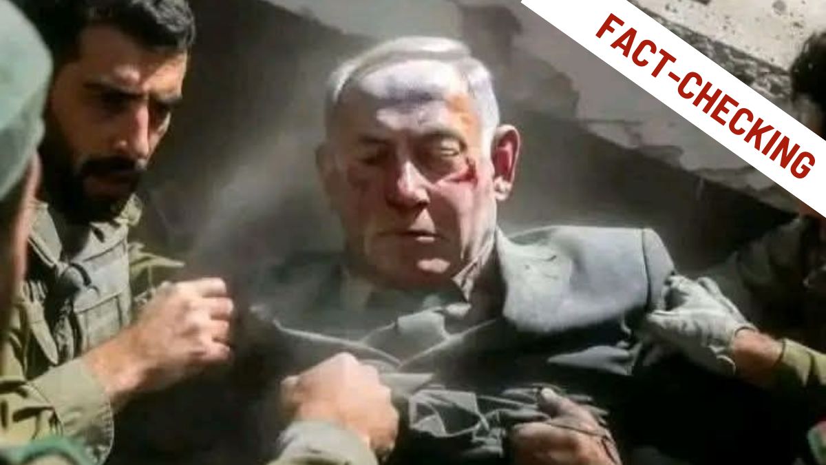 Benjamin Netanyahu tra le macerie immagine fake intelligenza artificiale, con scritta "fact-checking"