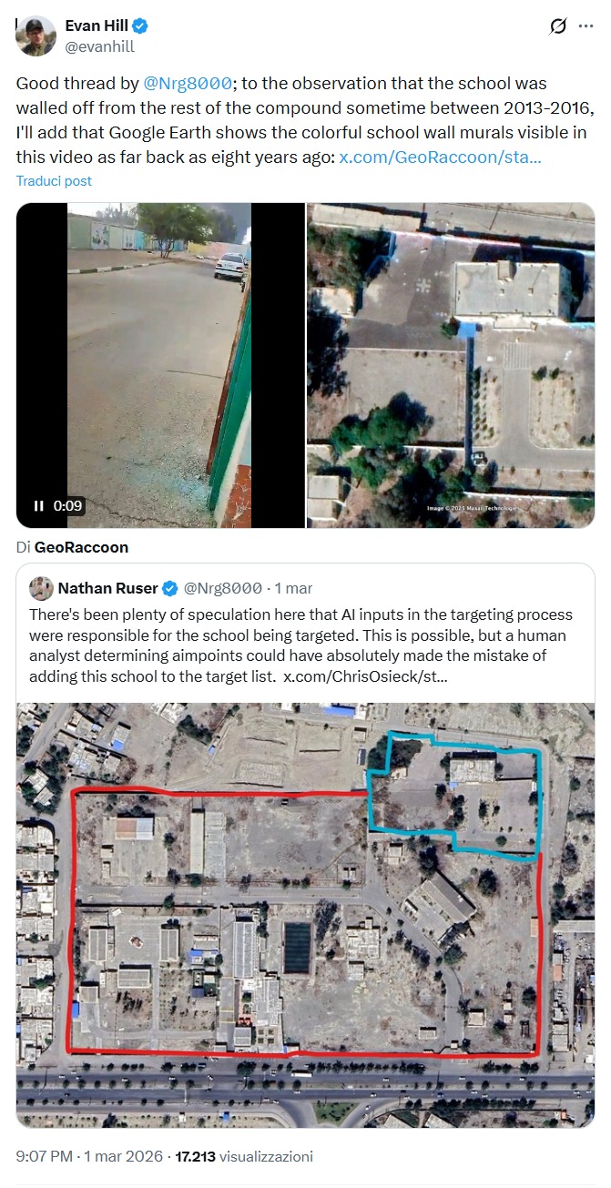 Analisi satellitare storica della scuola di Minab con evidenziati i murales colorati e il muro di cinta.