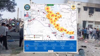 Fotomontaggio giornalistico che mostra la mappa ufficiale dell'operazione statunitense Epic Fury del Pentagono sovrapposta alle macerie della scuola di Minab in Iran colpito dal bombardamento.