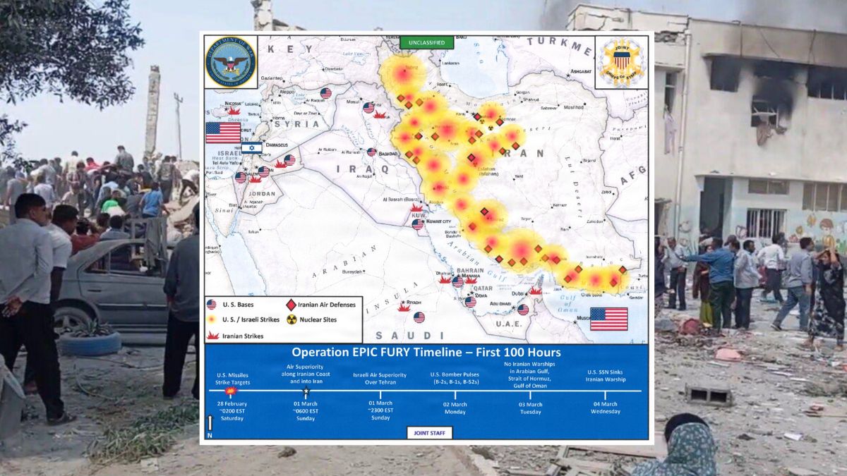 Fotomontaggio giornalistico che mostra la mappa ufficiale dell'operazione statunitense Epic Fury del Pentagono sovrapposta alle macerie della scuola di Minab in Iran colpito dal bombardamento.