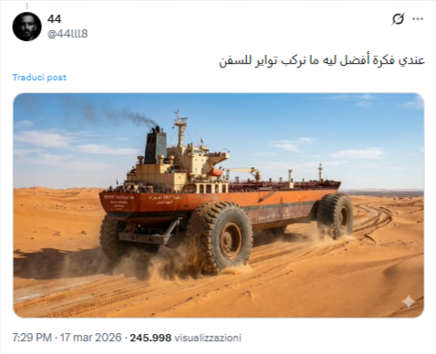 Concept art generata dall'intelligenza artificiale di una nave cargo con ruote giganti nel deserto.