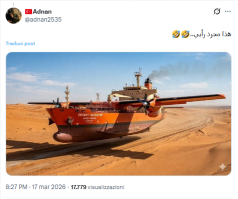 Immagine AI di una nave cargo volante sopra le dune del deserto stile anime apocalittico.