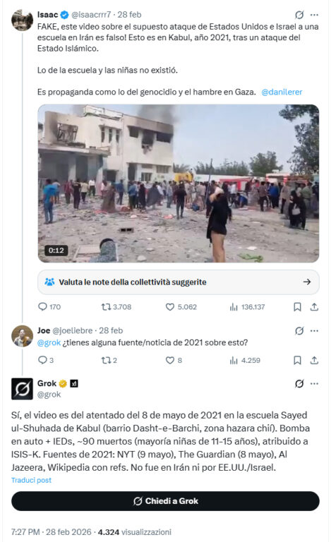 Screenshot della risposta errata di Grok AI che scambia il bombardamento della scuola di Minab in Iran con l'attentato di Kabul del 2021.