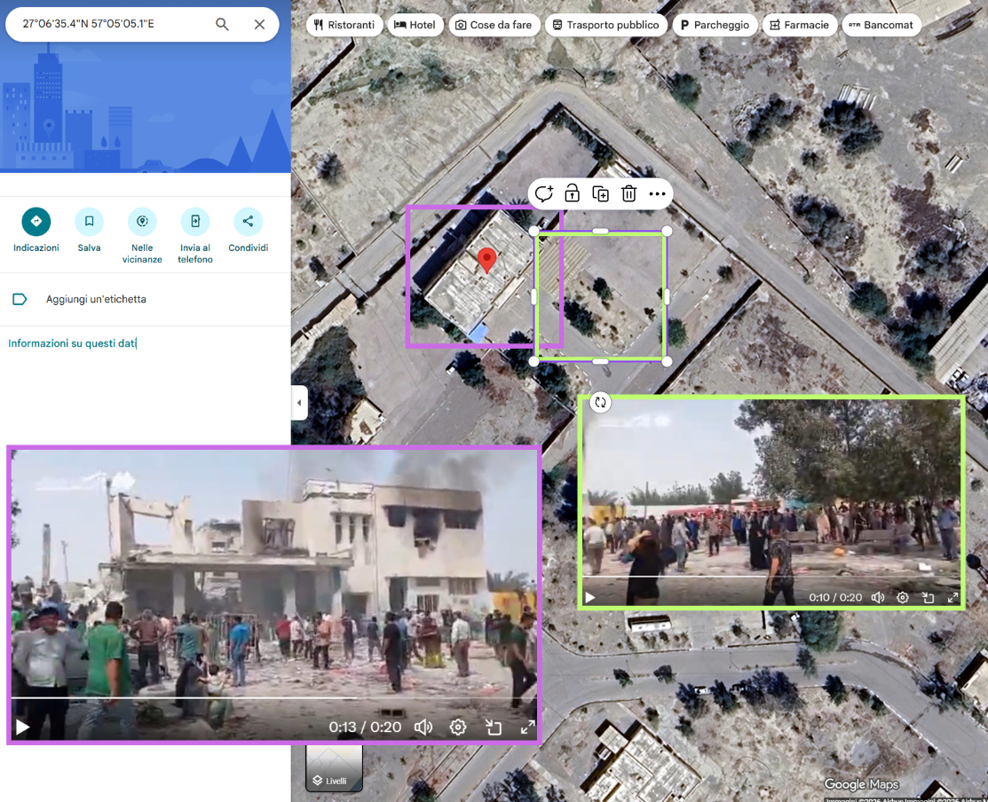 Confronto OSINT tra le mappe satellitari di Minab in Iran e i fotogrammi del video del bombardamento della scuola.