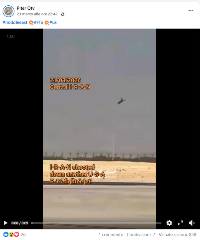 Screenshot post Facebook su presunto abbattimento F-16 Iran