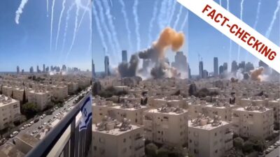 Fotogrammi del video dei bombardamenti su Tel Aviv da parte dell'Iran generati con l'AI, con la scritta fact-checking che indica l'operazione di verifica e smentita