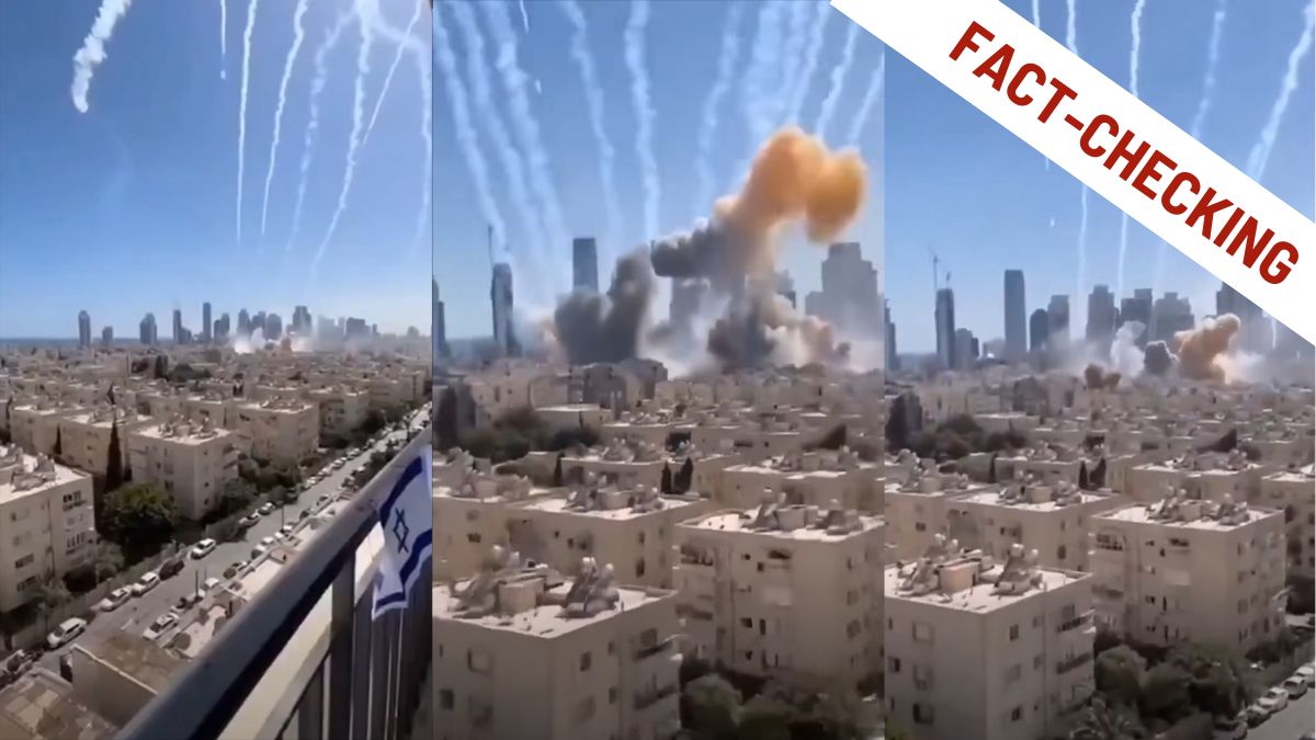 Fotogrammi del video dei bombardamenti su Tel Aviv da parte dell'Iran generati con l'AI, con la scritta fact-checking che indica l'operazione di verifica e smentita