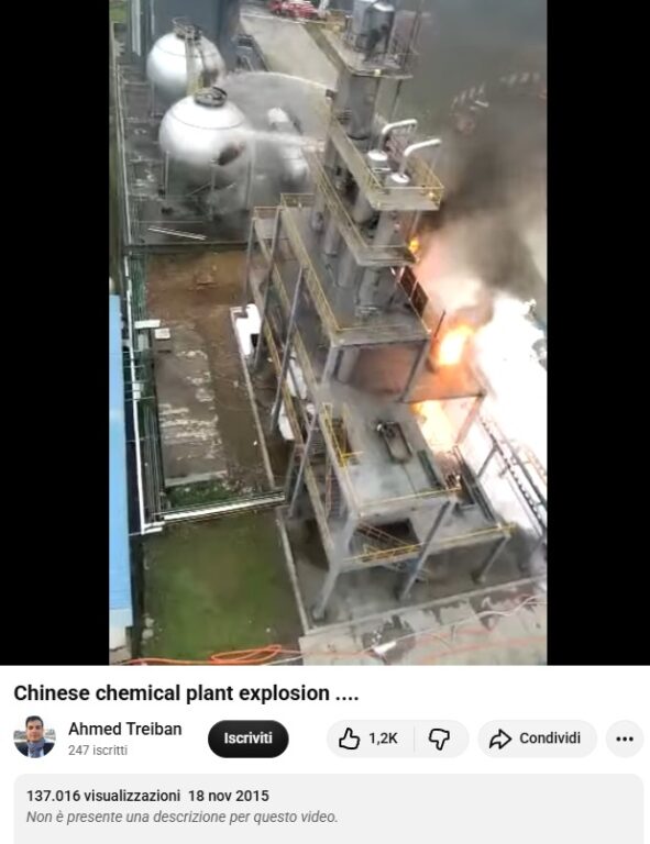 Screenshot del video pubblicato su Youtube nel 2015 che riguarda un'esplosione in un impianto in Cina