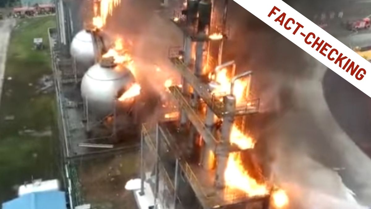 Fotogramma video attribuito a una centrale elettrica ad Haifa bombardata dall'Iran. Scritta fact-checking