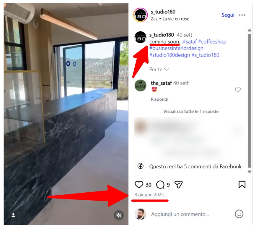 Screenshot del post Instagram con l'annuncio dell'apertura del bar Sataf nel 2025.