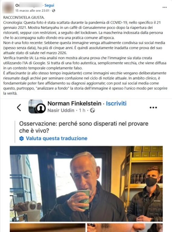 Screenshot di uno dei post dove viene mostrato Netanyahu con un agente della scorta che indossa la mascherina.