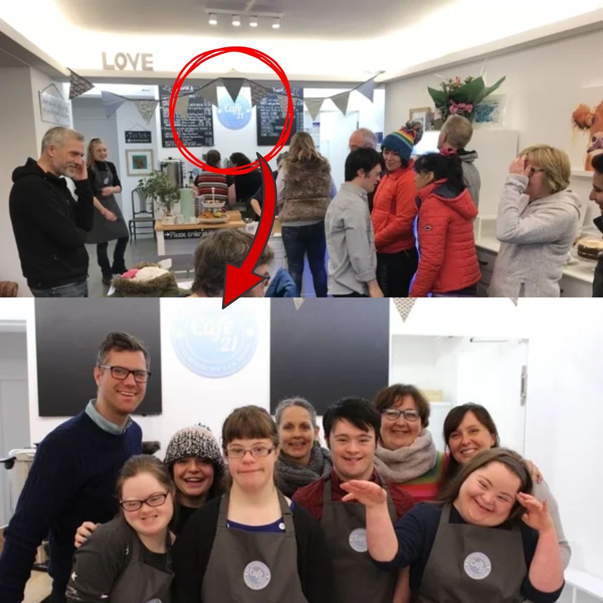 Sopra, la foto usata nel post per sostenere la teoria. Sotto, la foto dei dipendenti del locale, situato a Leeds.