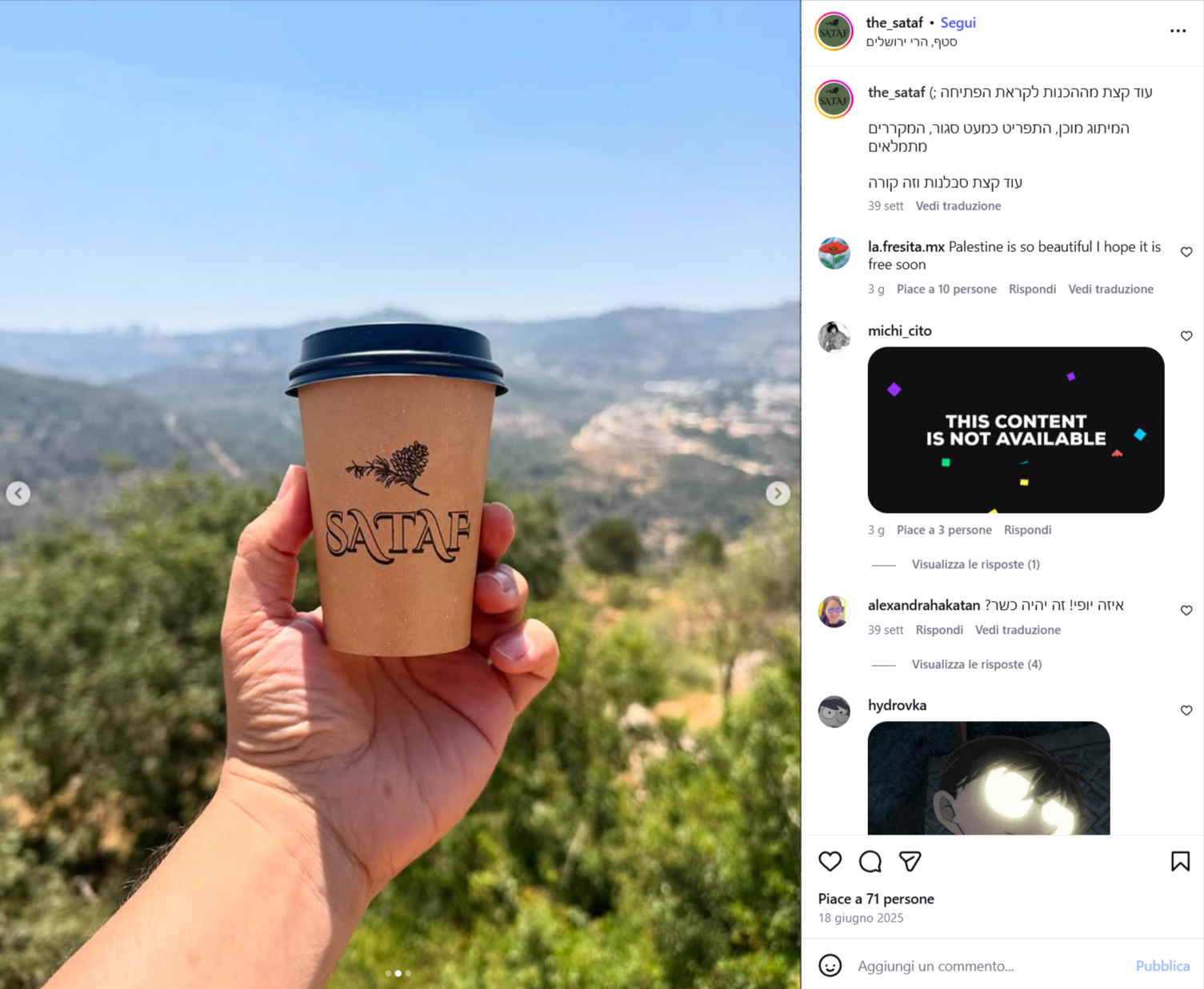 Screenshot del post Instagram, risalente al periodo dell'apertura nel 2025, che mostra il bicchiere del locale Sataf.