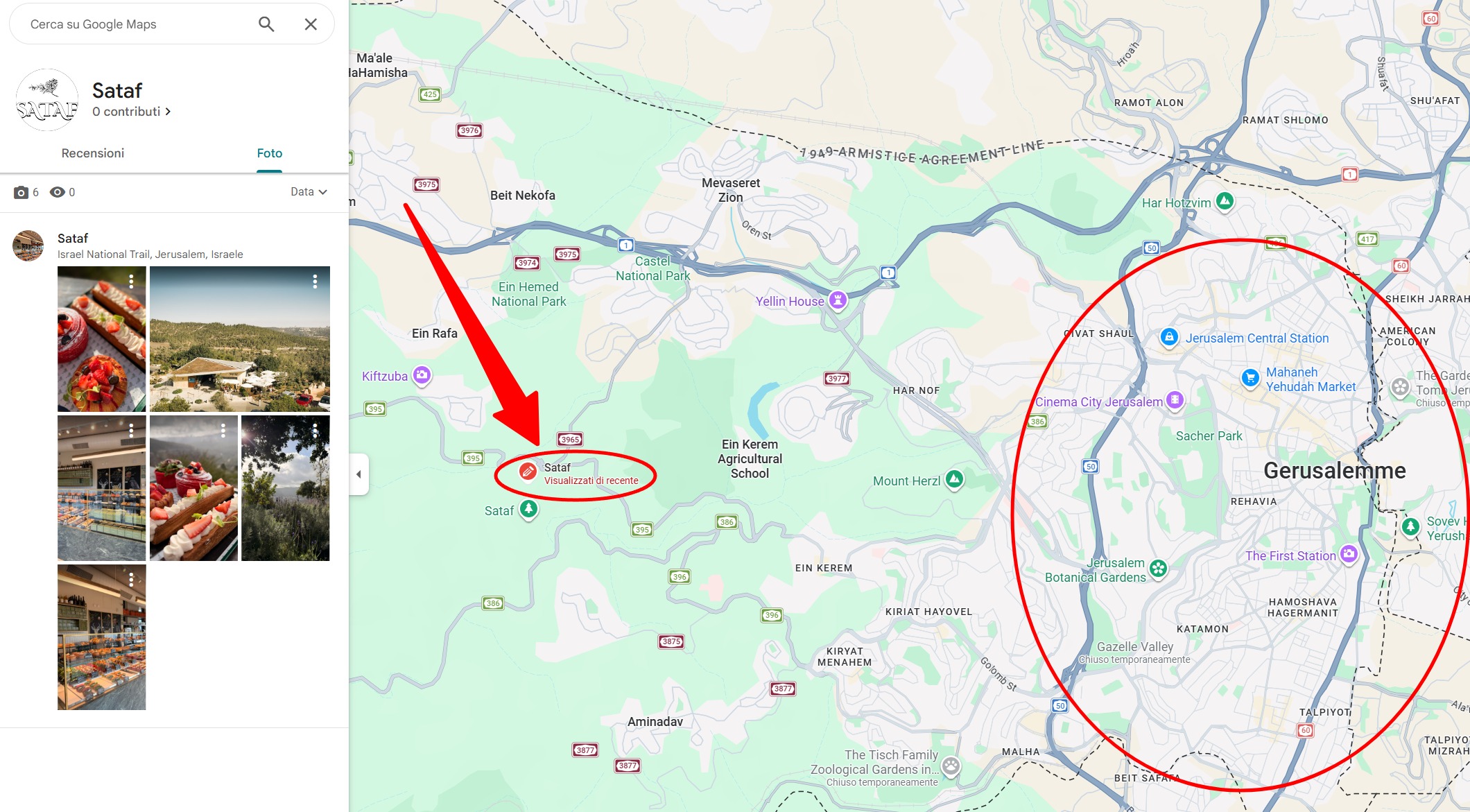 Screenshot di Google Maps dove viene indicata la posizione del bar Sataf rispetto alla città di Gerusalemme.