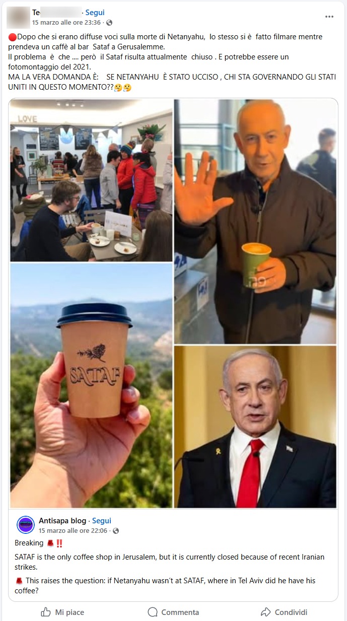 Screenshot del post Facebook che riporta le foto sbagliate del locale Sataf di Gerusalemme.