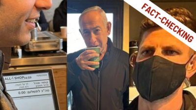 Ingrandimento a tre pannelli per il fact-checking: terminale di cassa con data 2024, Benjamin Netanyahu che beve da una tazza SATAF e un agente della scorta con mascherina.