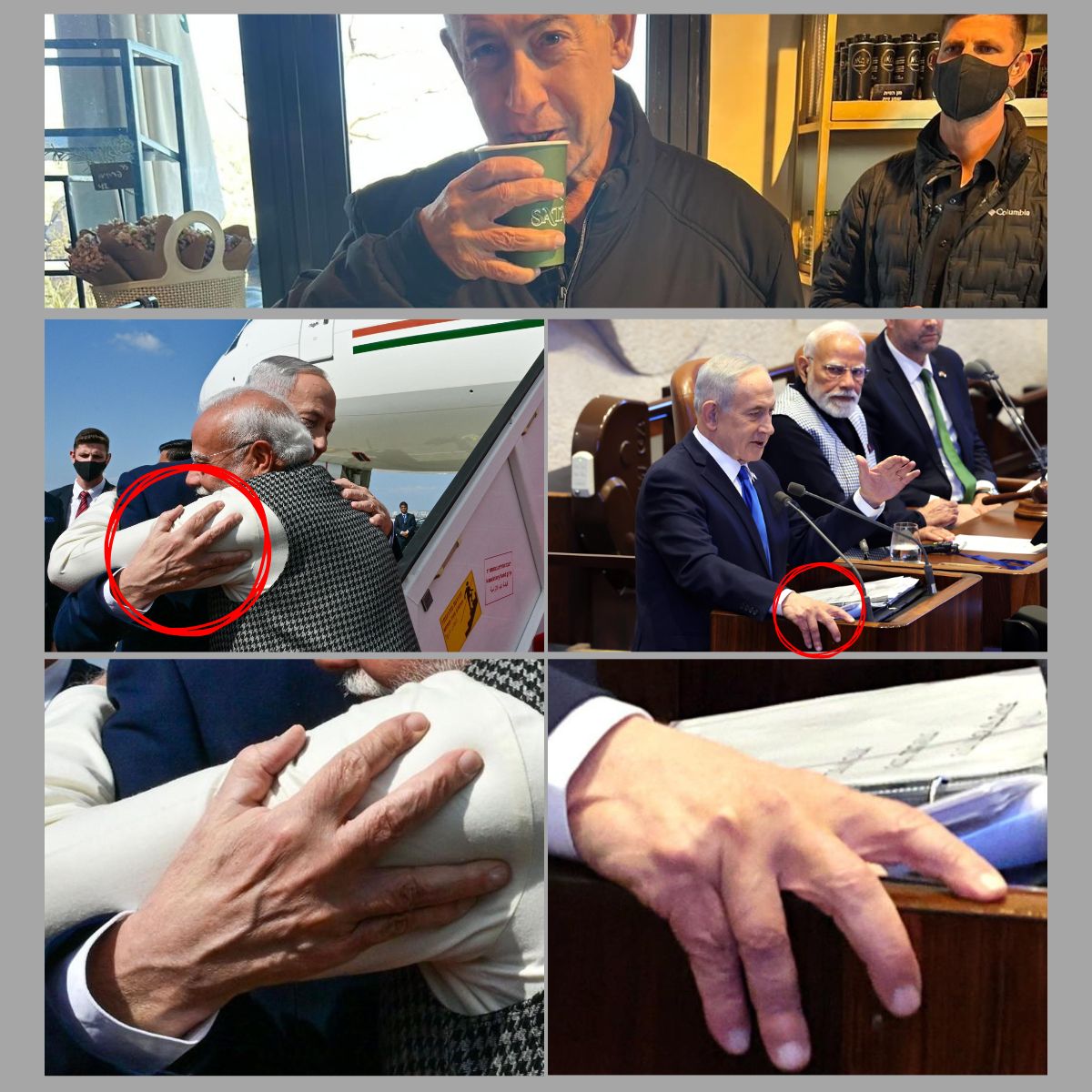 La mano destra di Netanyahu negli scatti fotografici precedenti alla visita del locale nei pressi Gerusalemme.