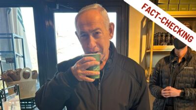 Foto del video di Netanyahu al bar The Sataf di Gerusalemme e la scritta "fact-checking"
