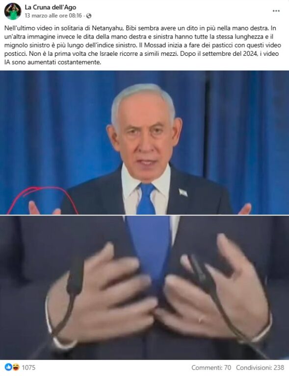 Screenshot del post Facebook che sostiene la narrazione sul video di Netanyahu generato dall'AI