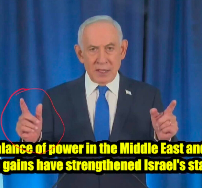 Fotogramma del video di Netanyahu dove viene indicato il dettaglio della mano destra e il presunto sesto dito