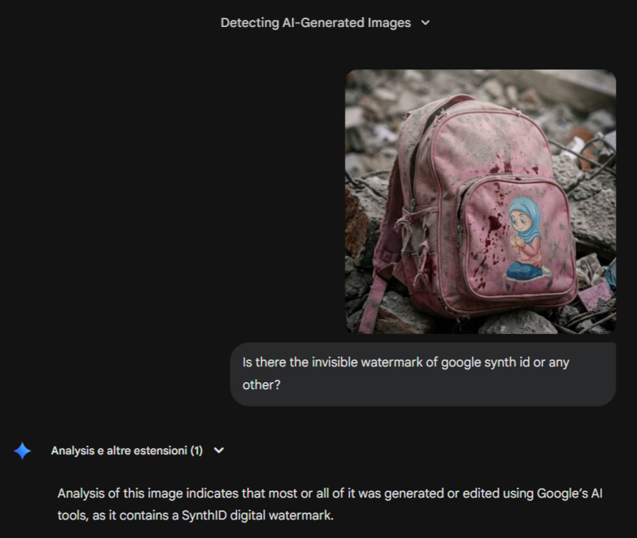 Screenshot dell'analisi SynthID di Google che conferma il watermark AI nell'immagine dello zaino dell'ambasciata iraniana.