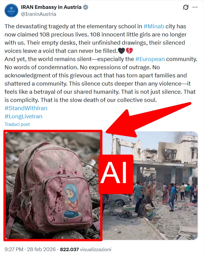 Post X dell'ambasciata iraniana in Austria con immagine dello zaino rosa generata da intelligenza artificiale.